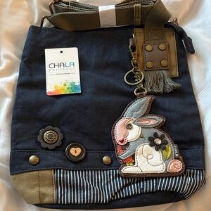Chala Navy and Brown DenimTote with Rabbit Charm
